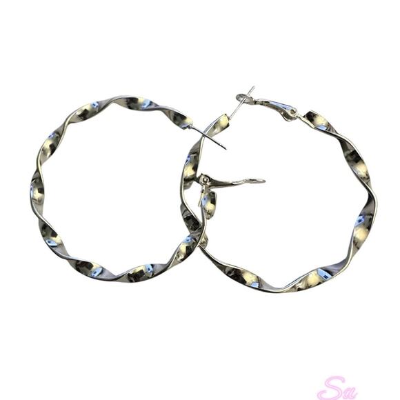 Modern Silver Twisted Hoop Earrings 60MM - Picture 4 of 4